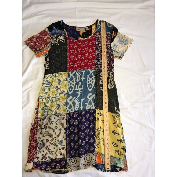 Sacred Threads Size S Dress Patchwork Art to Wear Shift Short Sleeve Mixed Print - Picture 6 of 7